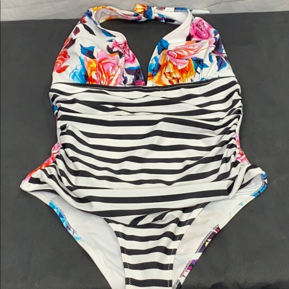 Cupshe Black & White Striped One-Piece with Multicolor Floral Halter Top